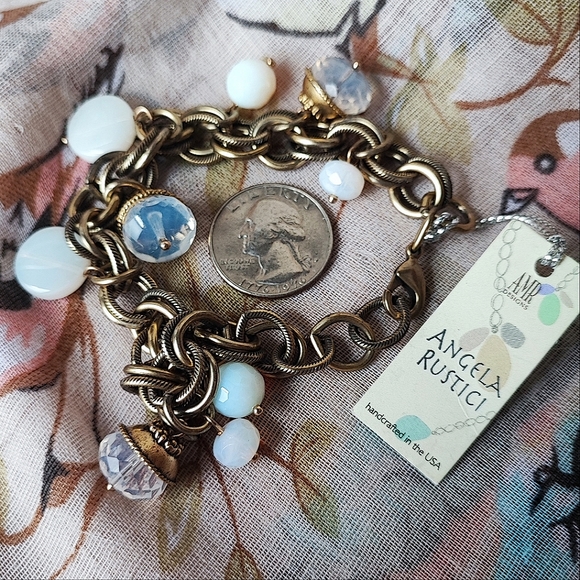 Stone Glass Moonstone Bracelet and Pierced Earrings Brass Tone Angela Rustini - Picture 4 of 8